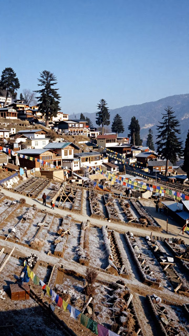 Aerial Winter Allotments Under Prayer Flags Shimla in along a high mountain pass beneath prayer flags near Shimla