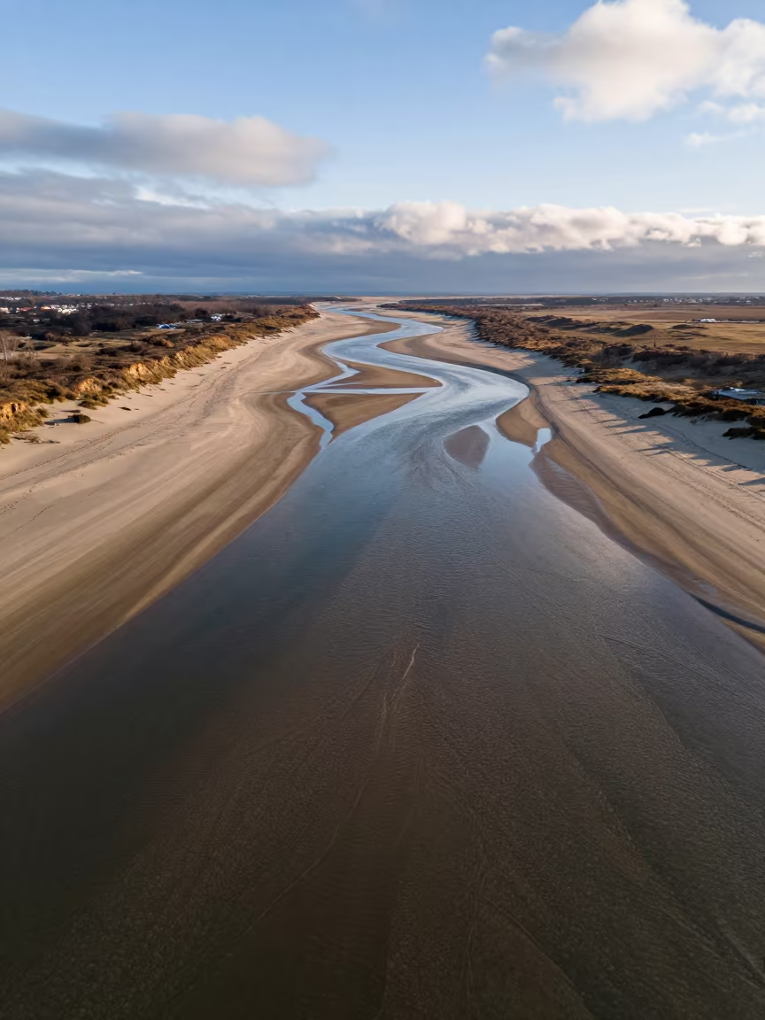 Aerial Winter Beach River Channels in high above braided river channels in California