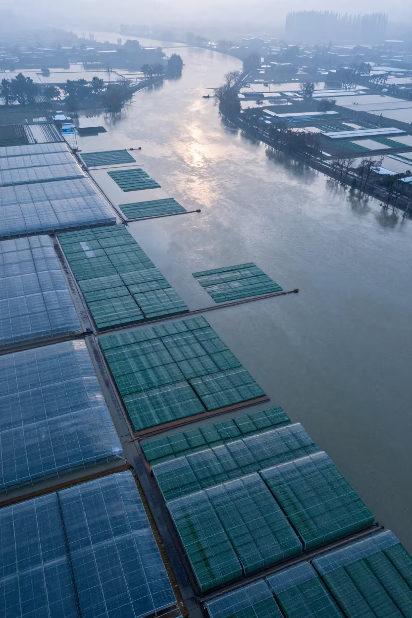 Aerial Winter Flood Plain Over Greenhouses China in high over greenhouse grids in China