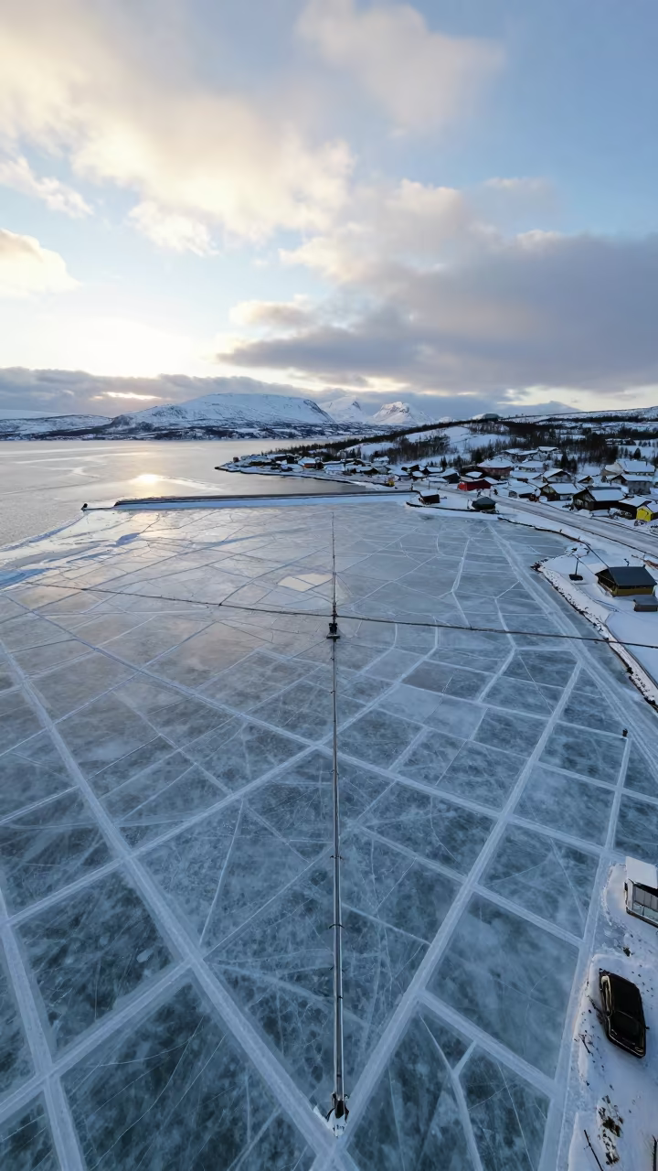 Aerial View of Winter Harbor Geometric Ice Pans in high above irrigation geometry near Kiruna