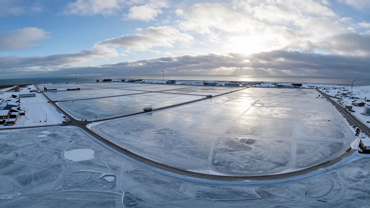 Aerial Winter Harbor Ice Iceland Salt Ponds in high over salt ponds and causeways in Iceland