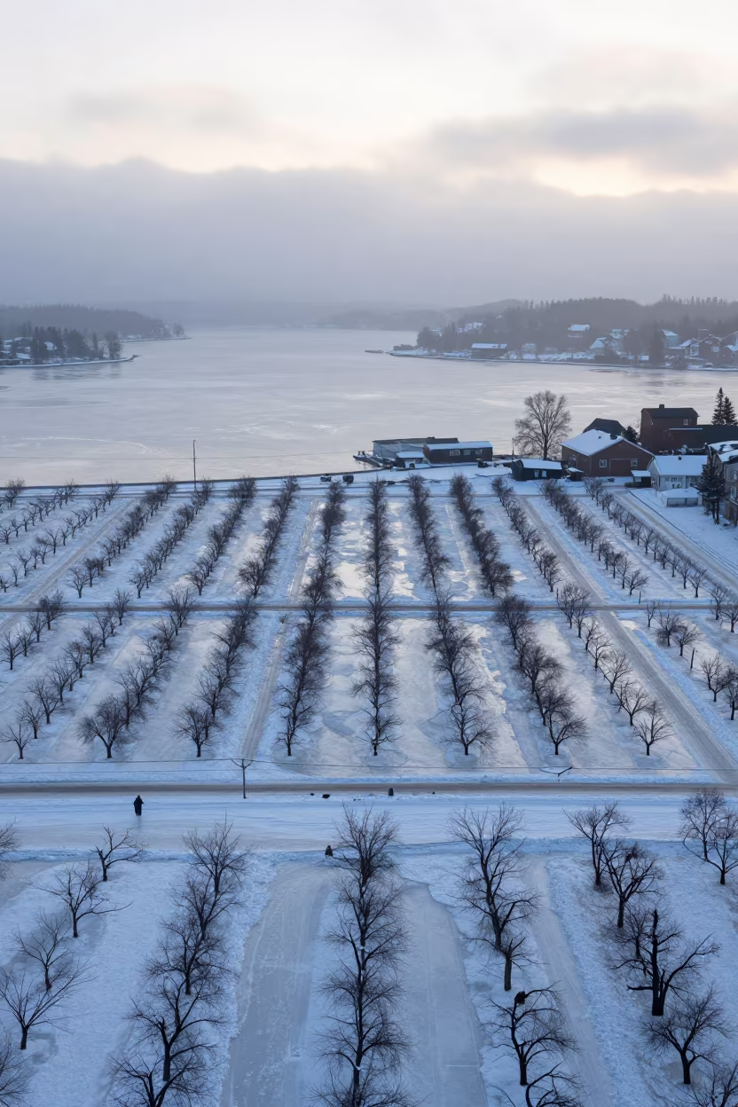 Aerial Winter Harbor Ice Sweden Dawn in far above orchard blocks and irrigation lines in Sweden