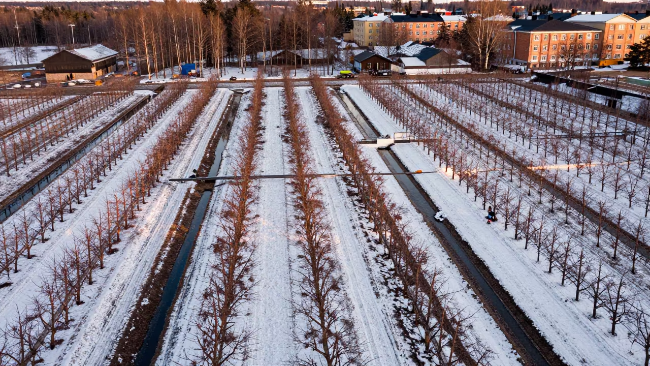 Aerial Winter Orchard Rows with Snow in along freshly irrigated rows in Helsinki