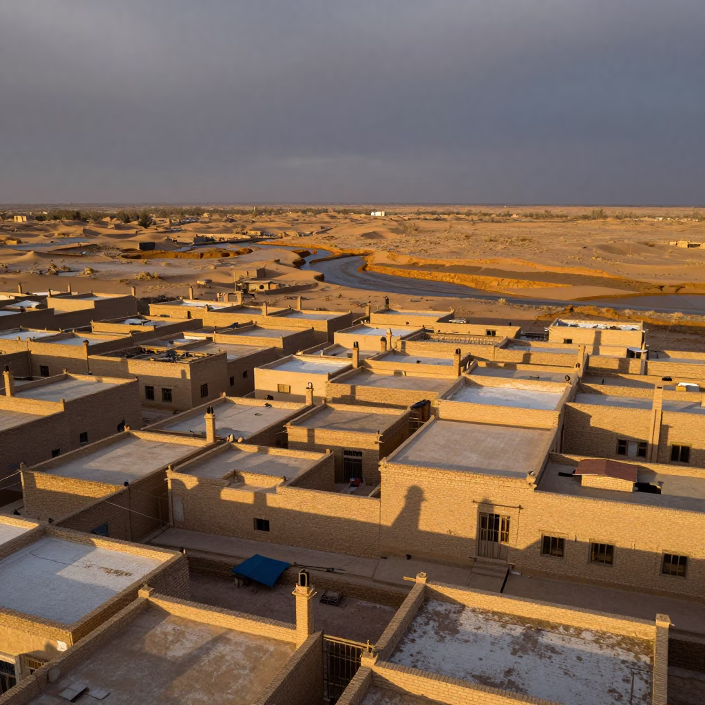 Aerial Winter Rooftops Chimney Shadows Baqubah in above dune fields and dry wadis near Baqubah