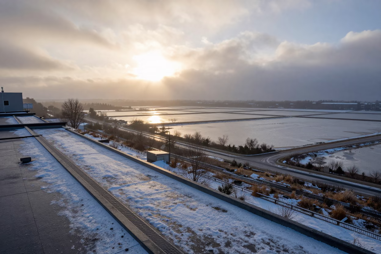 Aerial Winter Rooftops Dawn Light Kingston in high over salt ponds and causeways near Kingston