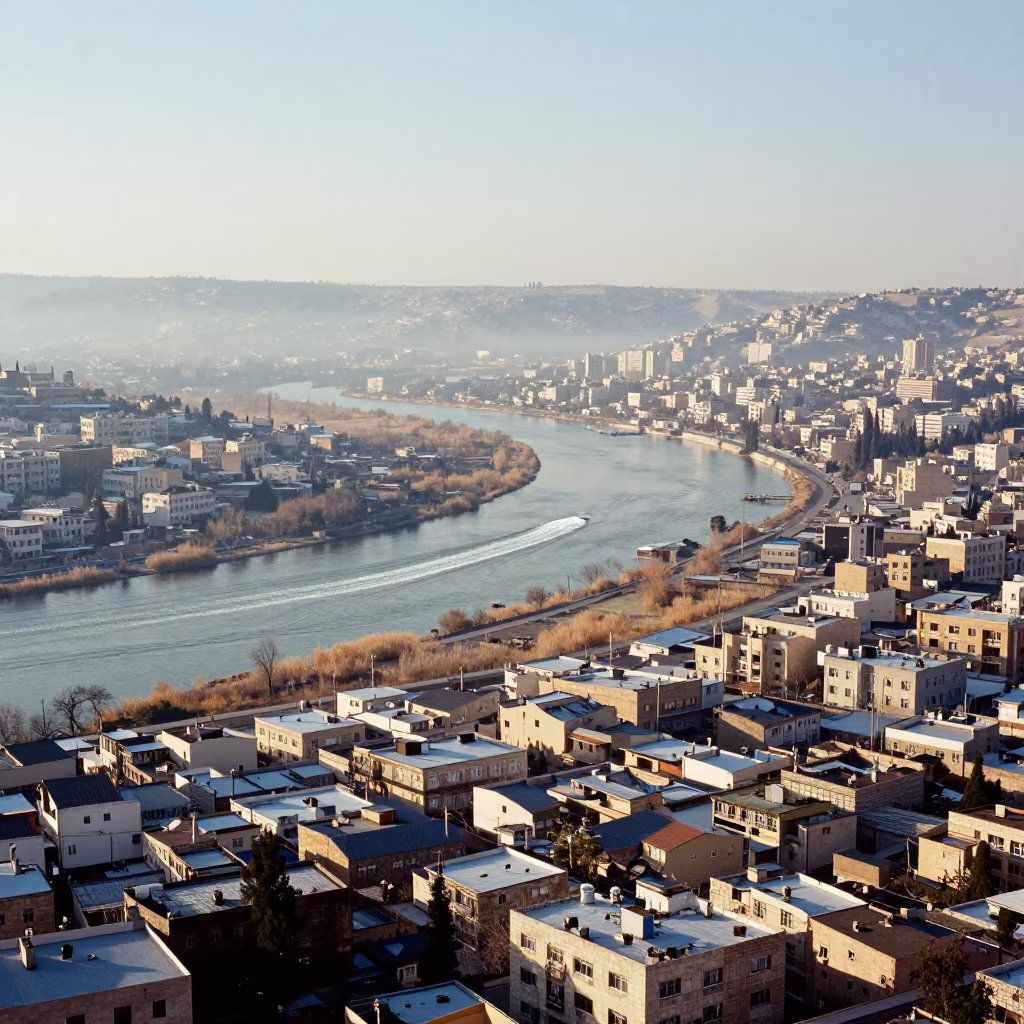 Aerial Winter Rooftops and River Wakes Near Irbid in far above river meanders near Irbid