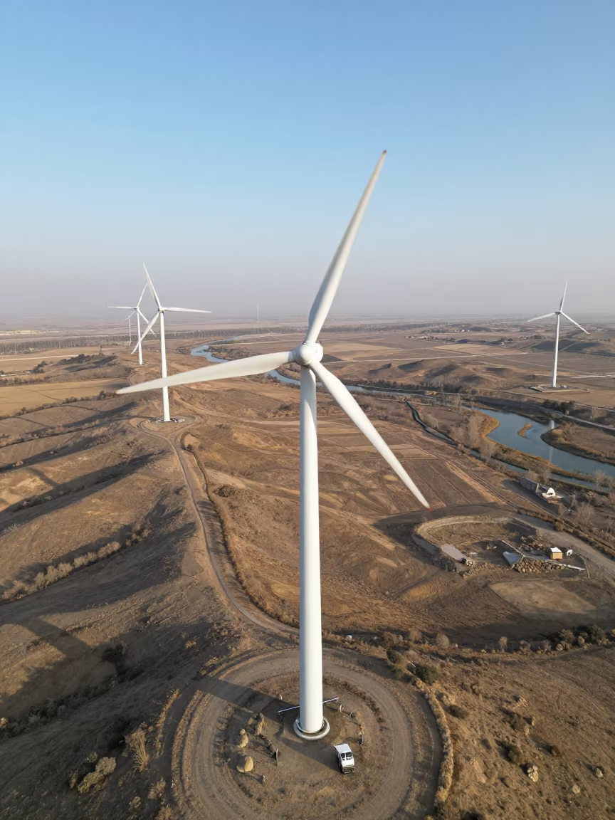 Aerial Winter Wind Turbines Pakistan Hills in far above river meanders in Pakistan