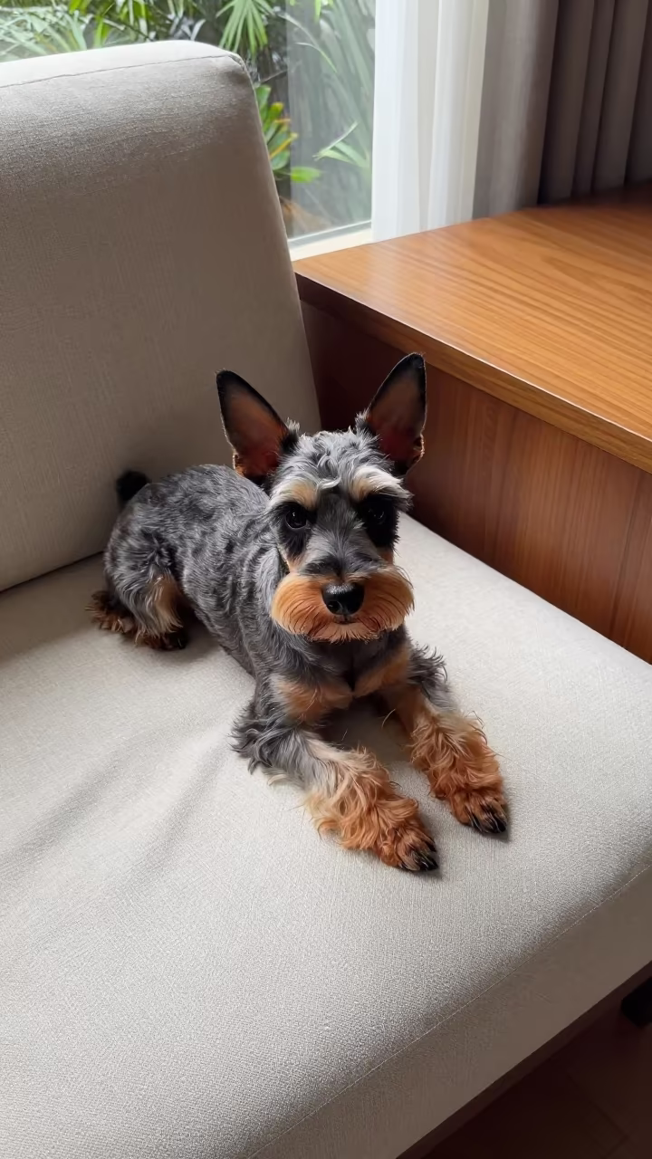 Affenpinscher Dog Resting on Linen Sofa in on a linen sofa with daylight from a nearby window in Hanoi