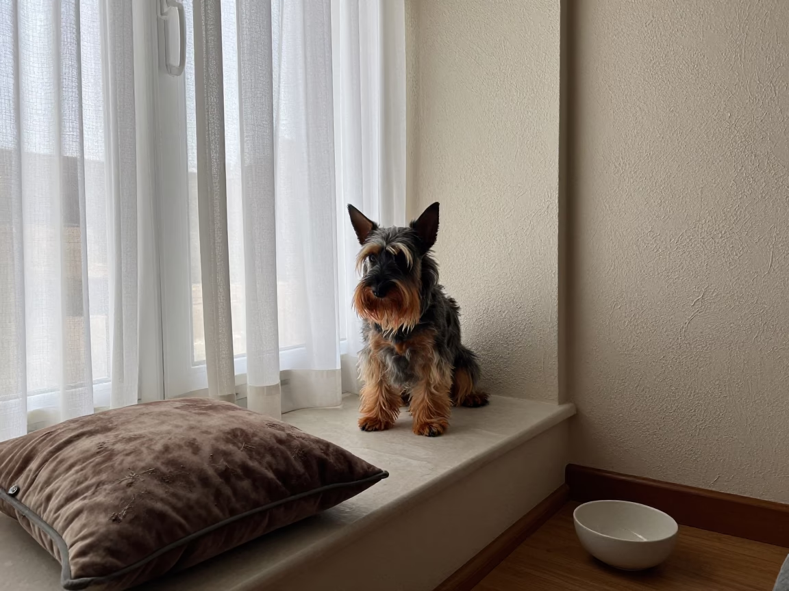 Affenpinscher on Ankara Window Seat with Soft Light in on a window seat in a quiet apartment with soft side light in Ankara