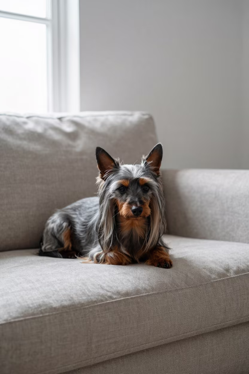 Affenpinscher on Linen Sofa in Ankara Dawn Light in on a linen sofa with daylight from a nearby window in Ankara