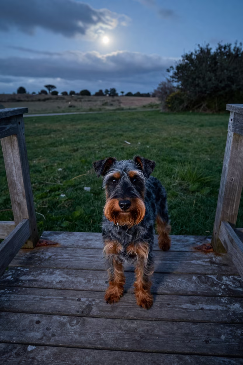 Affenpinscher on Porch Under Moonlight in in a small yard with clipped grass, calm light, and the animal centered in frame in Mar del Plata