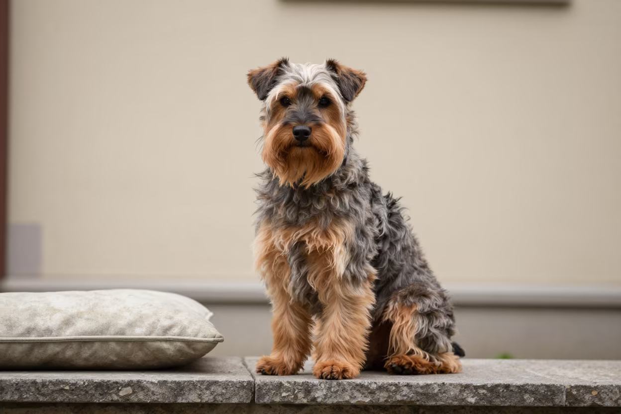 Affenpinscher on Shaded Porch in Liège Courtyard in beside a plain courtyard wall in clear daylight with the animal at eye level near Liège