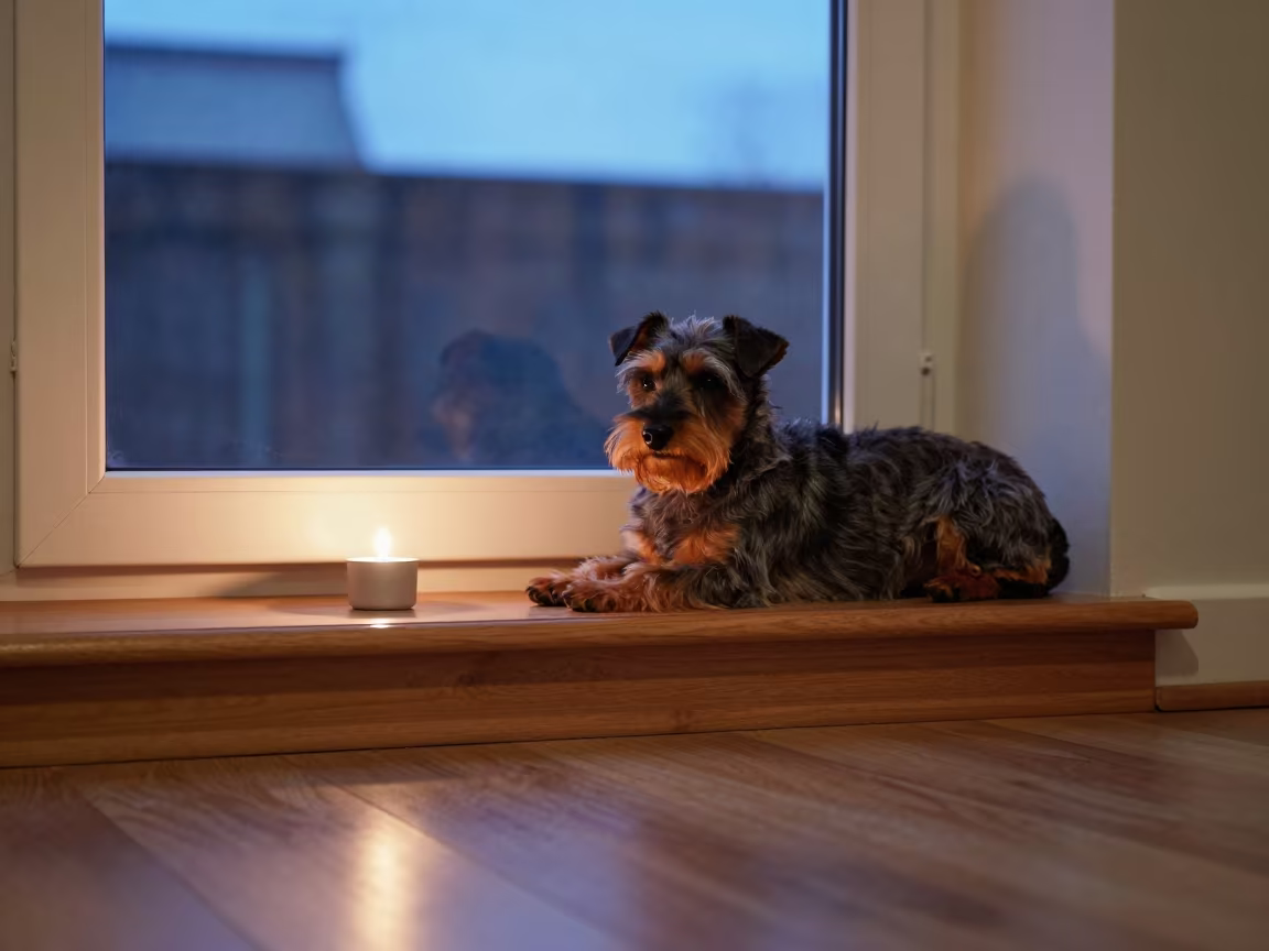 Affenpinscher on Window Seat in Blue Hour in on a window seat in a quiet apartment with soft side light near Reno