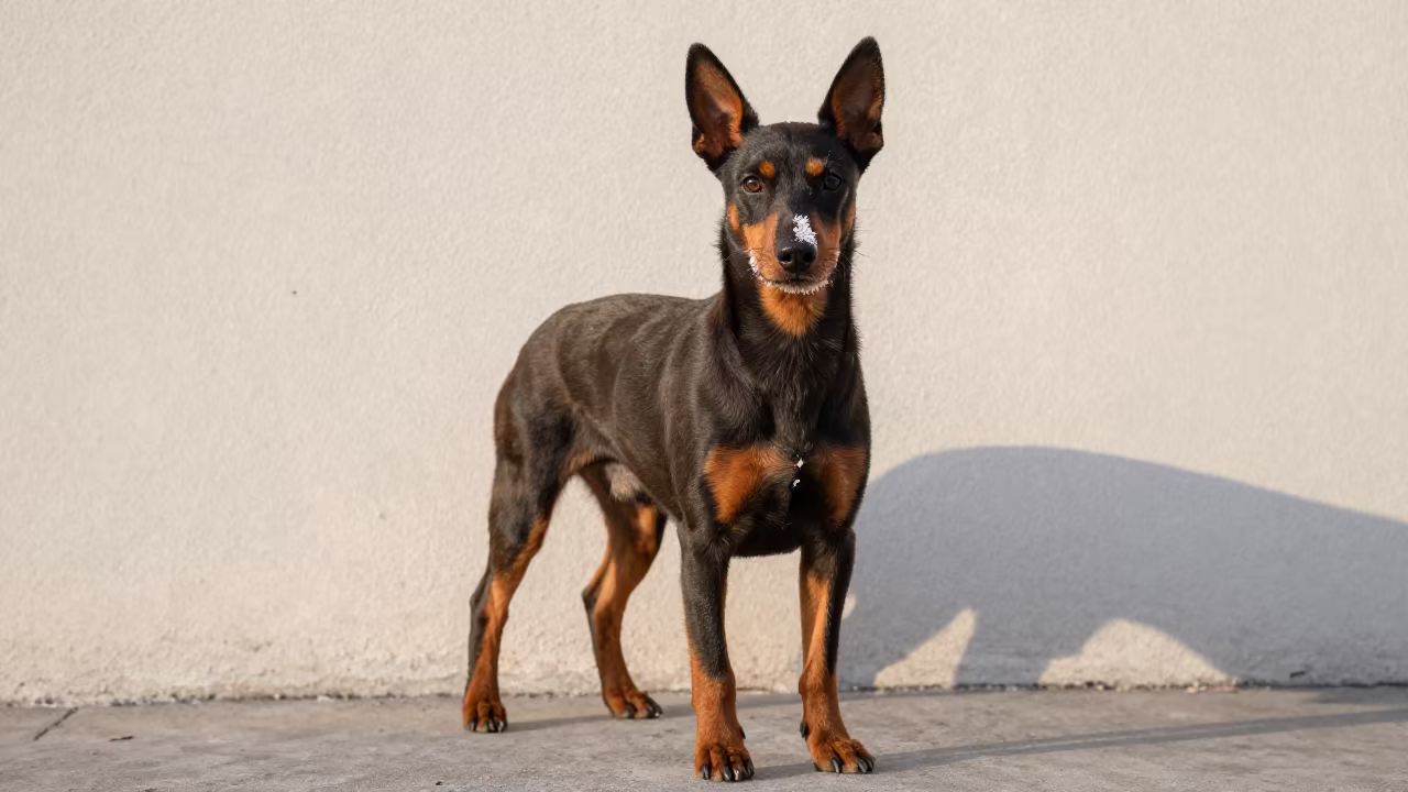 Affenpinscher Portrait by Courtyard Wall in Winter Light in beside a plain courtyard wall in clear daylight with the animal at eye level near Novosibirsk