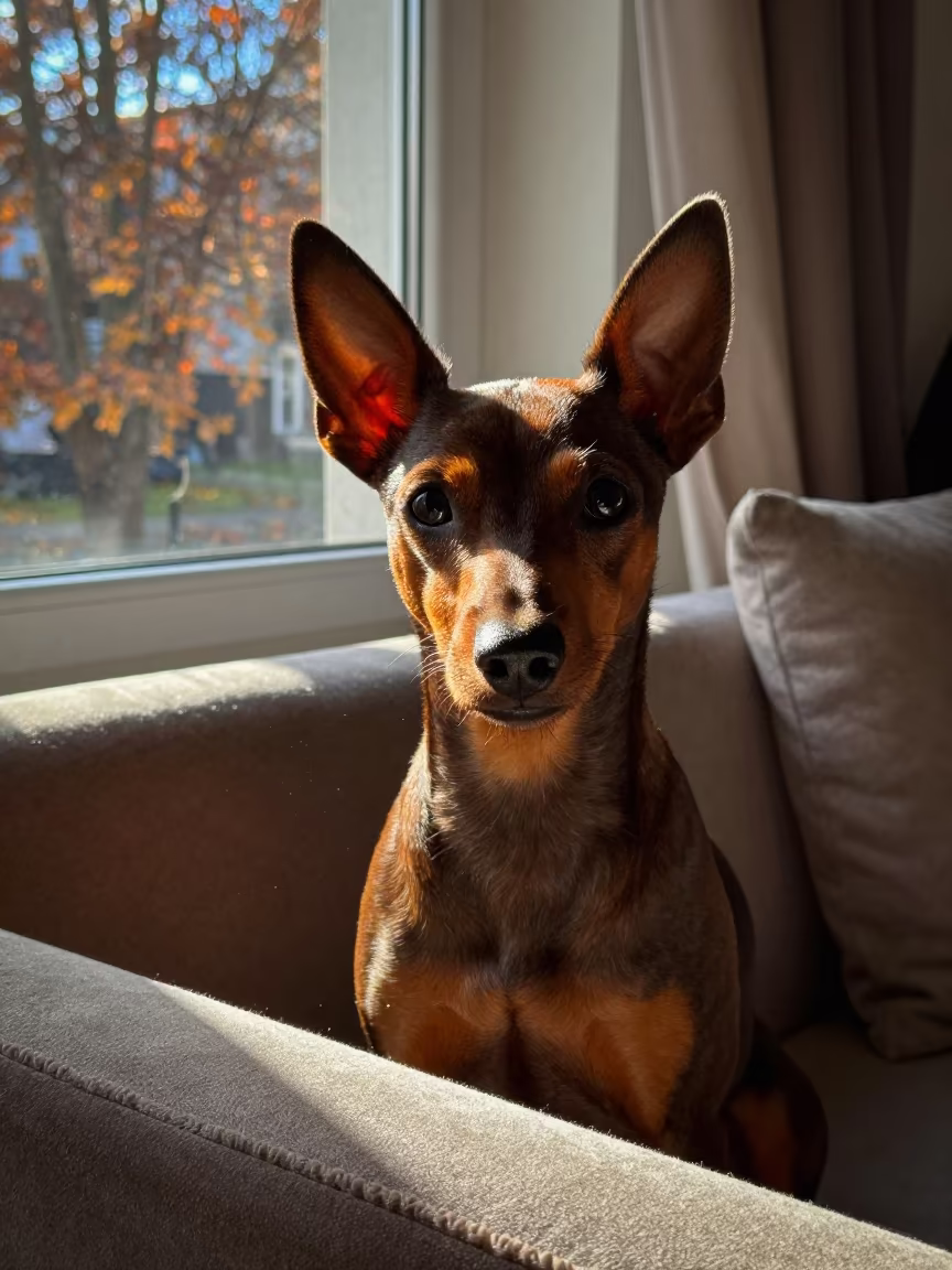 Affenpinscher Portrait Night Sofa Light Trabzon in on a sofa near a curtained window with calm indoor light in Trabzon