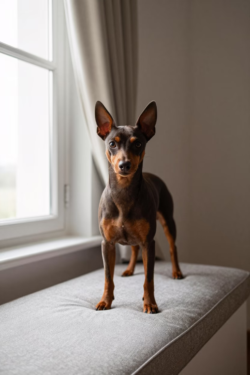 Affenpinscher Portrait on Sintra Window Seat in on a cushioned window seat with soft side light and an uncluttered background in Sintra
