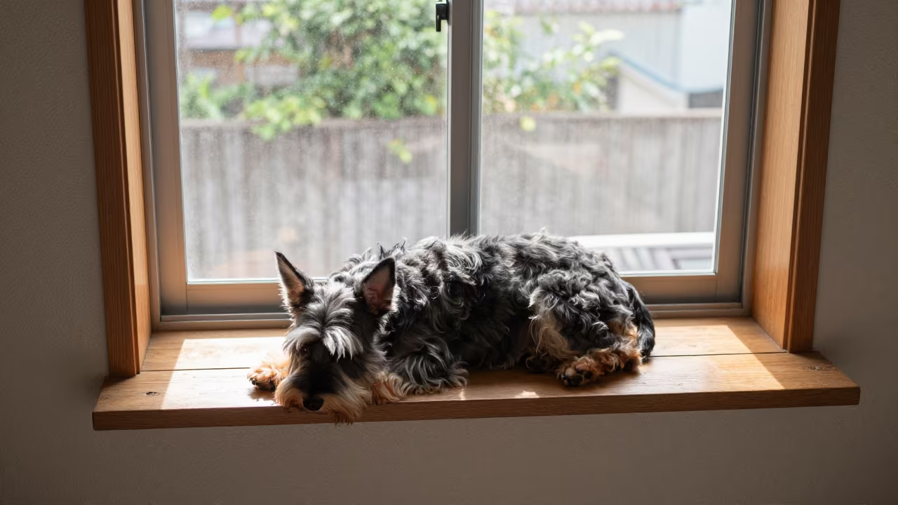 Affenpinscher Resting on Hiroshima Window Seat in on a window seat in a quiet apartment with soft side light in Hiroshima
