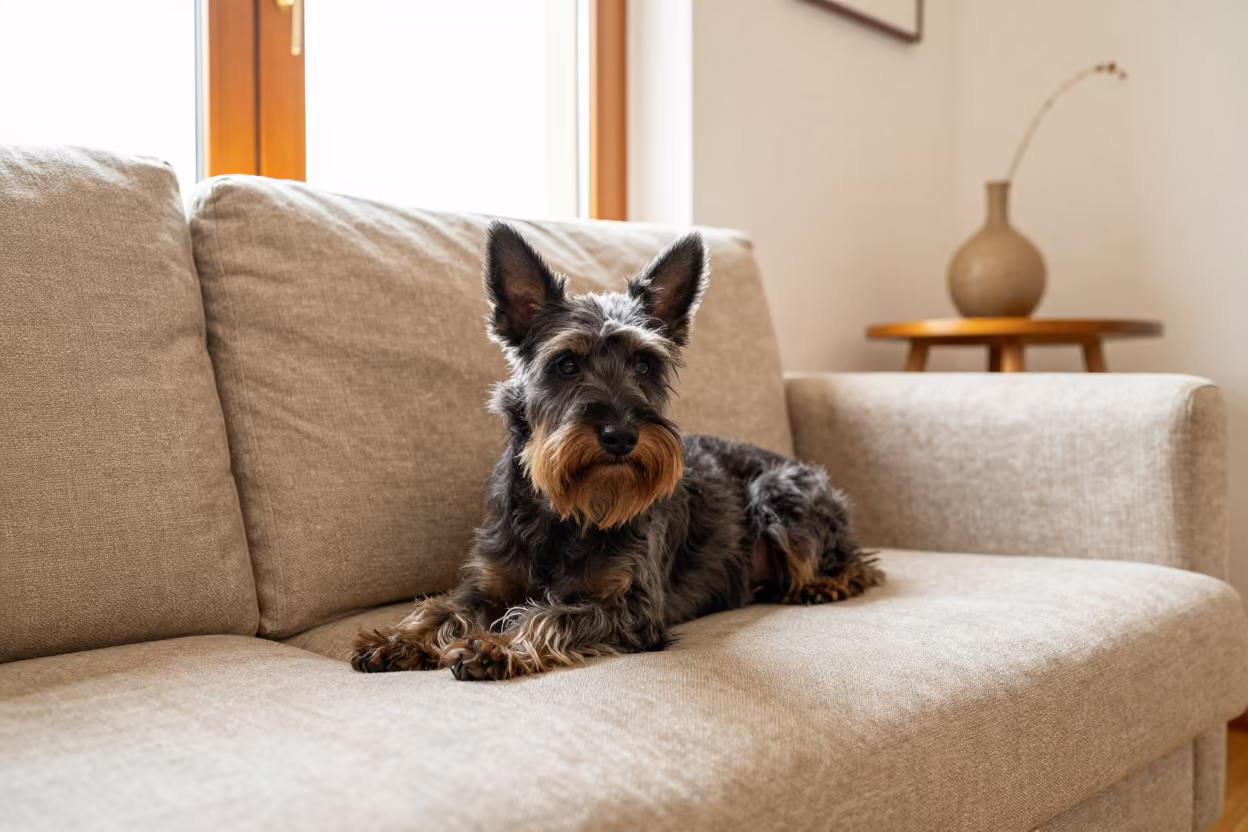 Affenpinscher resting on linen sofa near Trabzon window in on a linen sofa with daylight from a nearby window near Trabzon