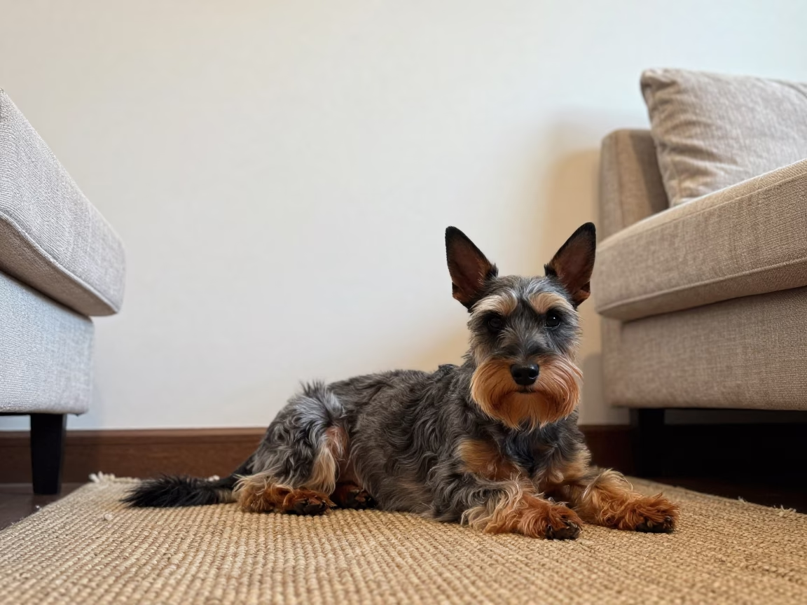Affenpinscher Resting on Woven Rug in Chengdu Home in on a woven rug beside a low couch and an uncluttered wall in Wuhou, Chengdu
