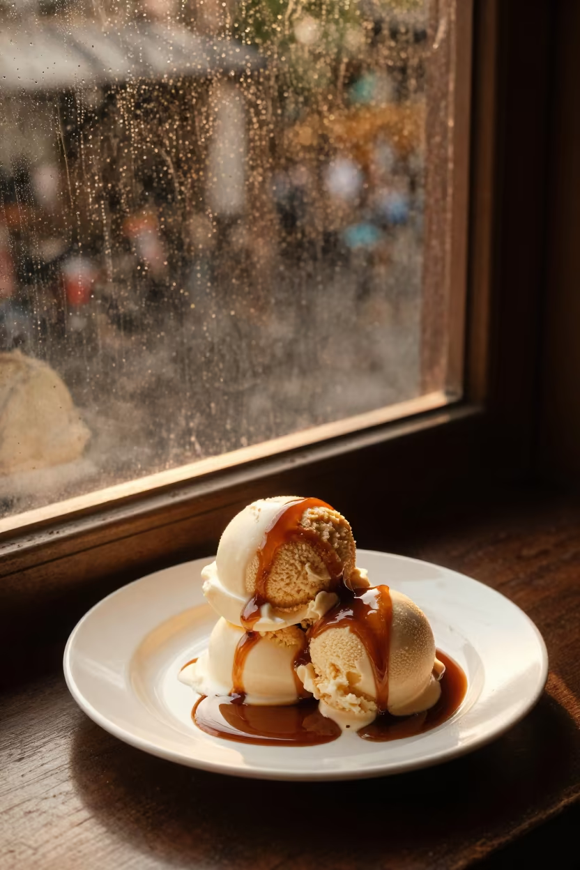 Affogato on Plate in Mumbai Golden Hour Rainy Season in on a ceramic plate by a window in Mumbai
