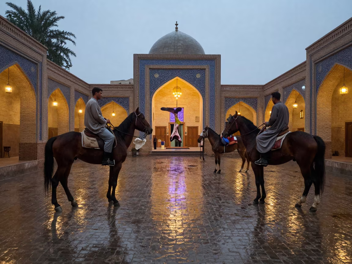 Afghan Buzkashi Horsemen Before Dawn in Delmas in in a shrine lined with lanterns in Delmas