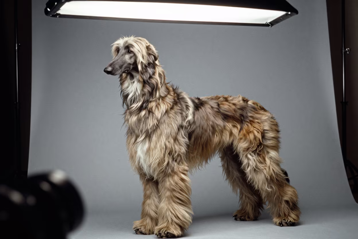 Afghan Hound Portrait in Yaritagua Studio in in a quiet portrait studio with a plain backdrop and eye-level framing in Yaritagua