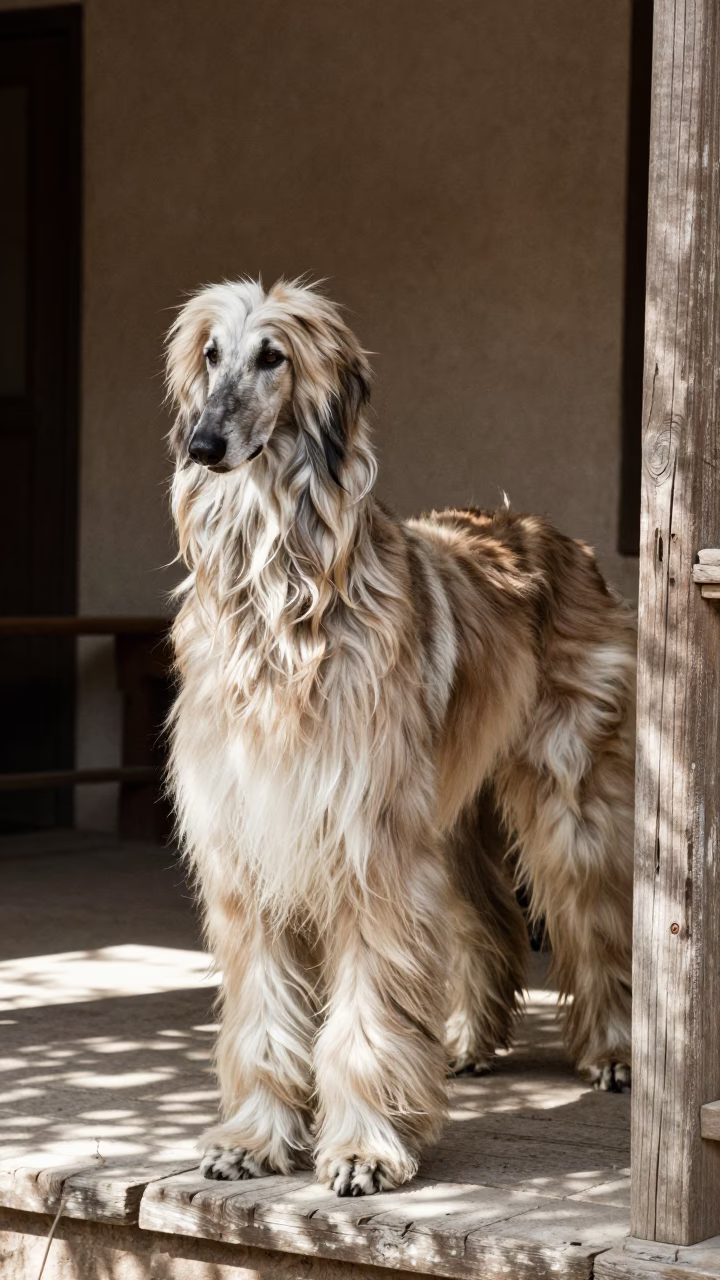 Afghan Hound Portrait on Damascus Porch in on a shaded front porch with boards, railings, and eye-level framing in Damascus