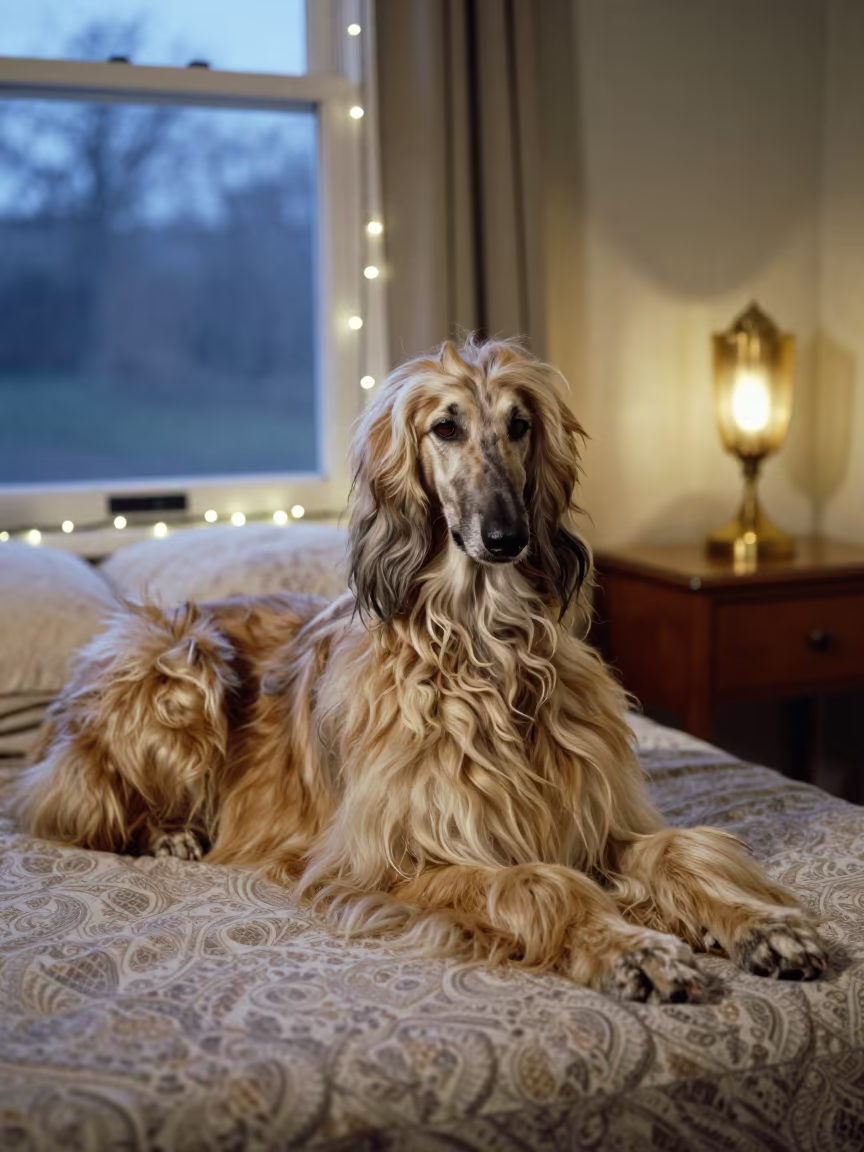 Afghan Hound Resting on Bedspread Near Window in on a bedspread near a bright window with calm indoor light in Nowshera