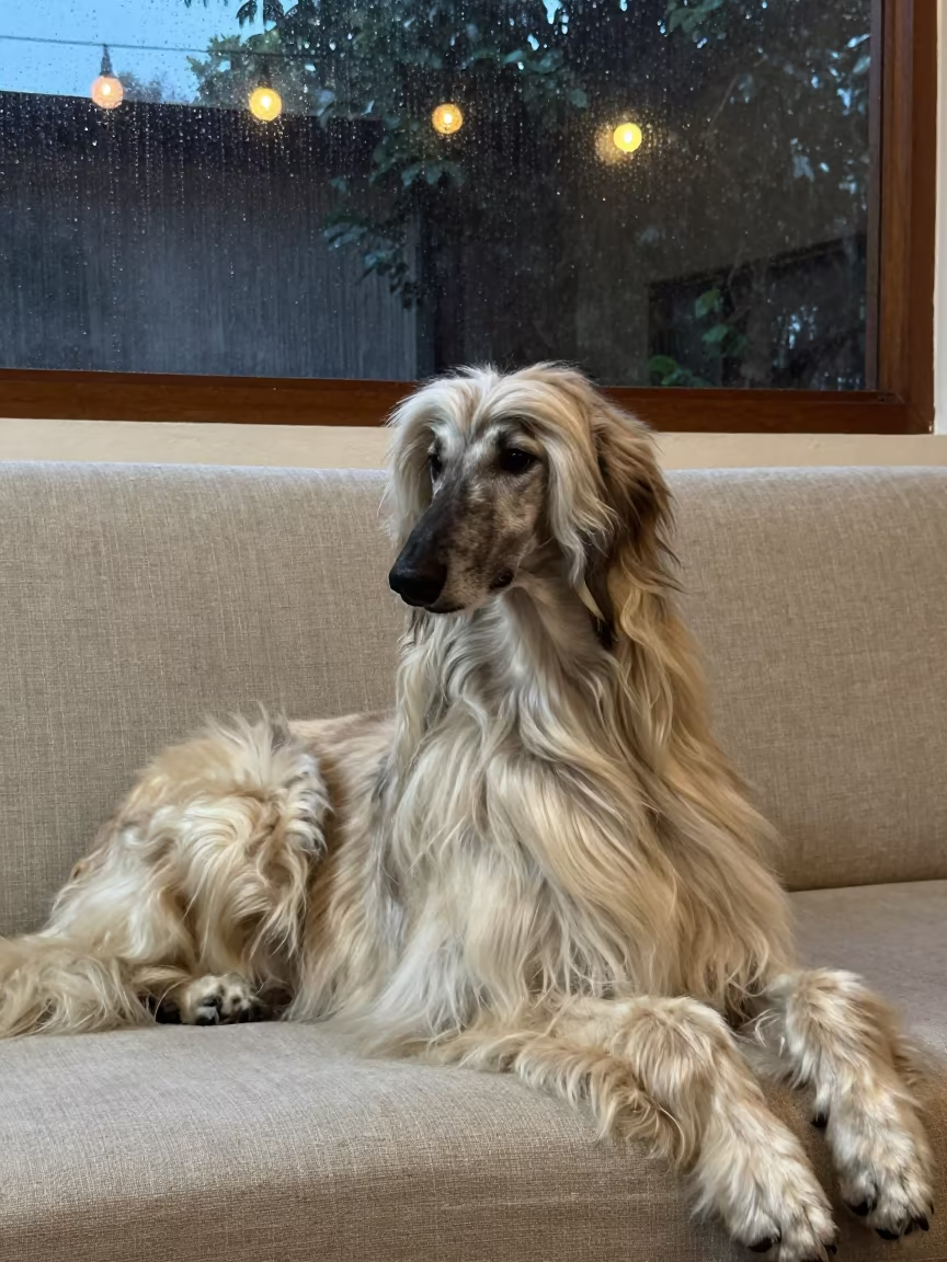Afghan Hound Resting on Linen Sofa in Dar es Salaam in on a linen sofa with daylight from a nearby window in Dar es Salaam