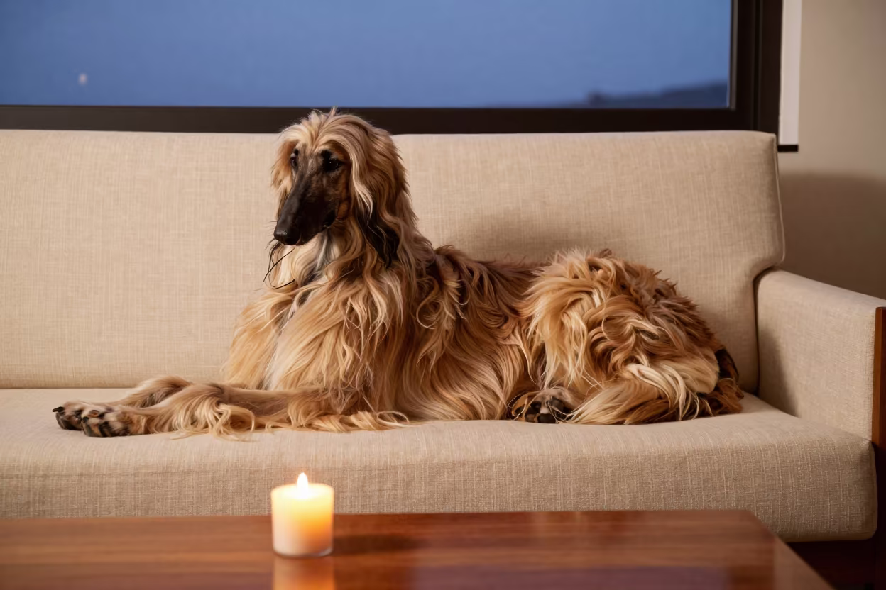 Afghan Hound Resting on Linen Sofa in on a linen sofa with daylight from a nearby window in Guadalajara
