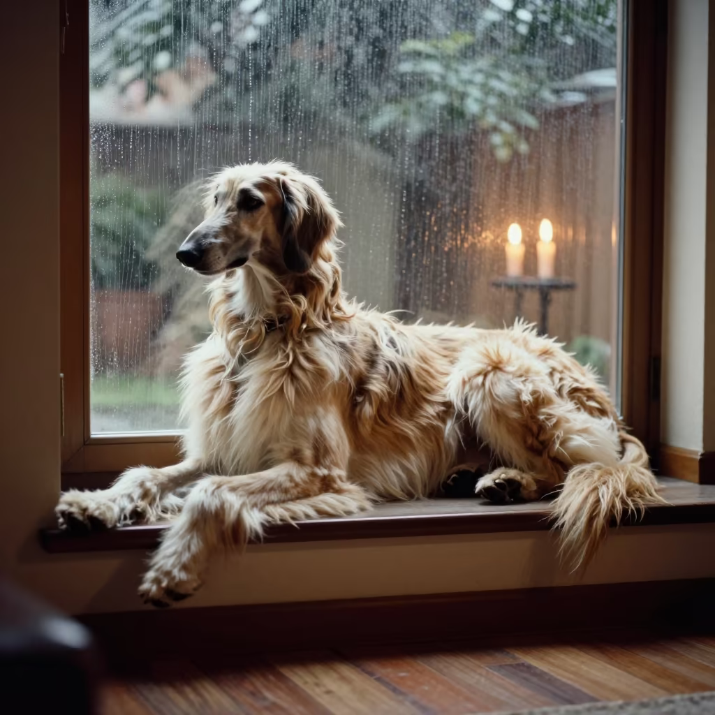 Afghan Hound Resting on Window Seat in on a window seat in a quiet apartment with soft side light in Guayaquil
