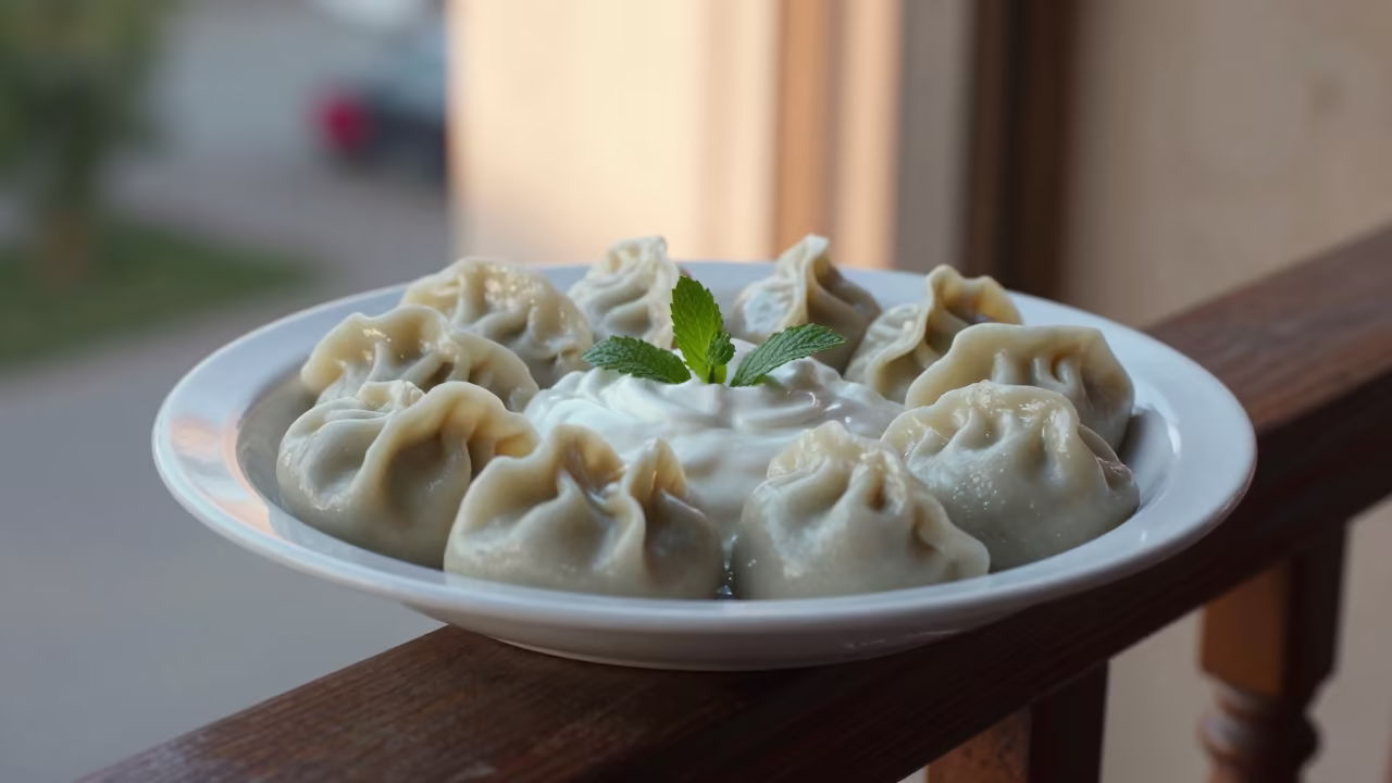 Afghan mantu dumplings with yogurt and mint on pier railing in on a pier railing in Nawa