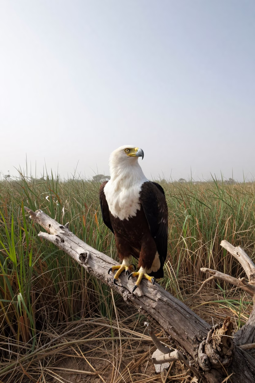 African Fish Eagle Perched on Dead Tree in at the edge of a reed bed in Egypt