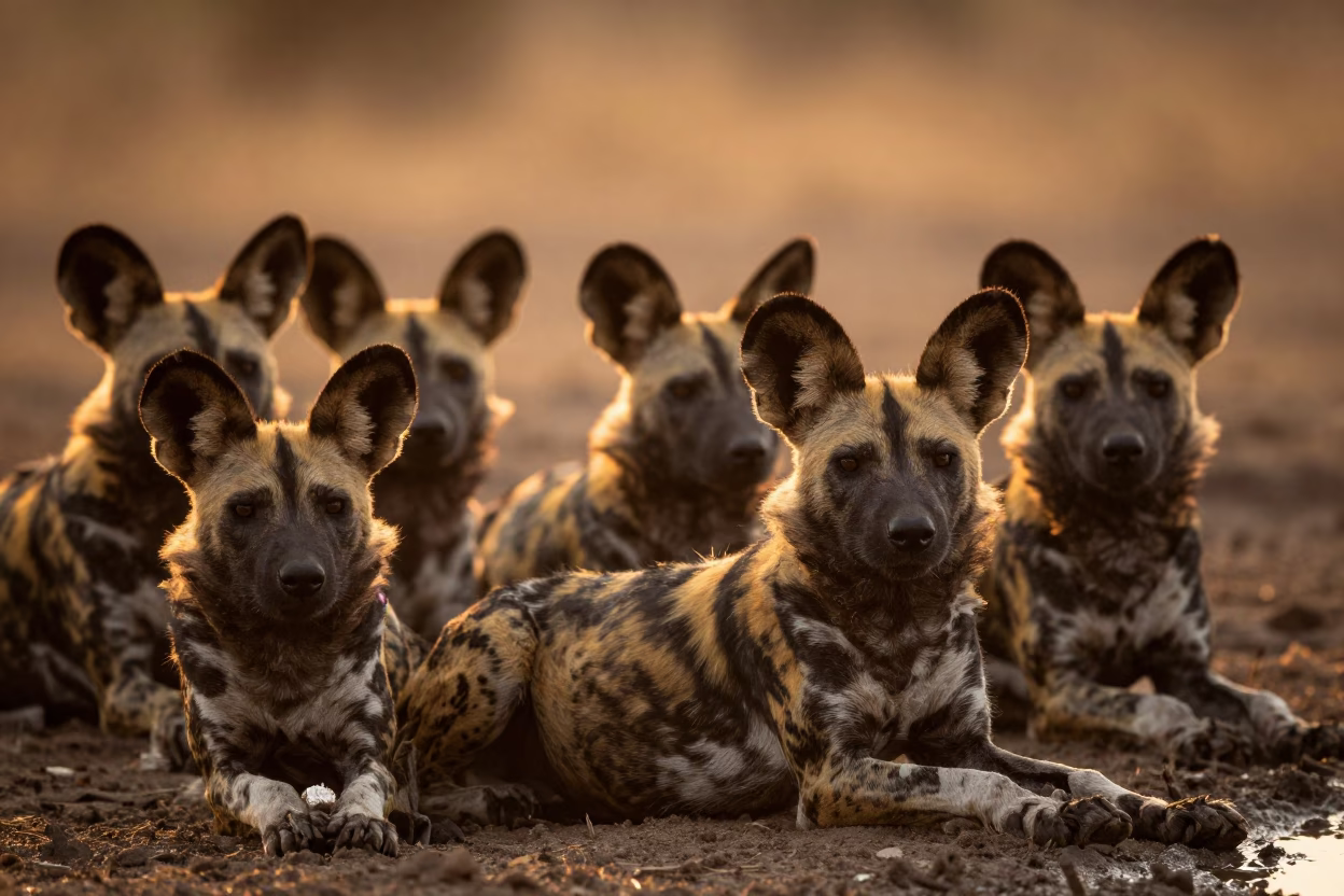 African Wild Dog Pack at Waterhole Before Dusk in near Anyang