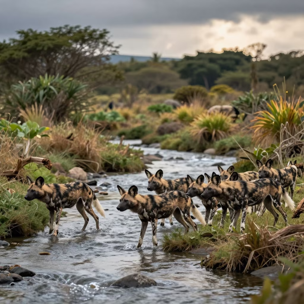 African Wild Dogs Hunt Near Glacial Stream in above a glacial stream near Tepic