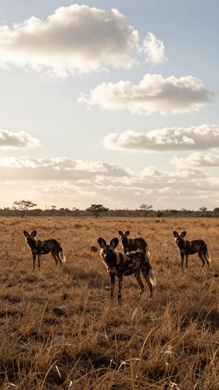 African Wild Dogs Silhouetted Against Autumn Sun in in Paraná