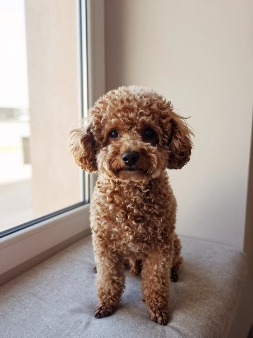 Agadir Teacup Poodle Portrait Window Light in on a cushioned window seat with soft side light and an uncluttered background in Agadir