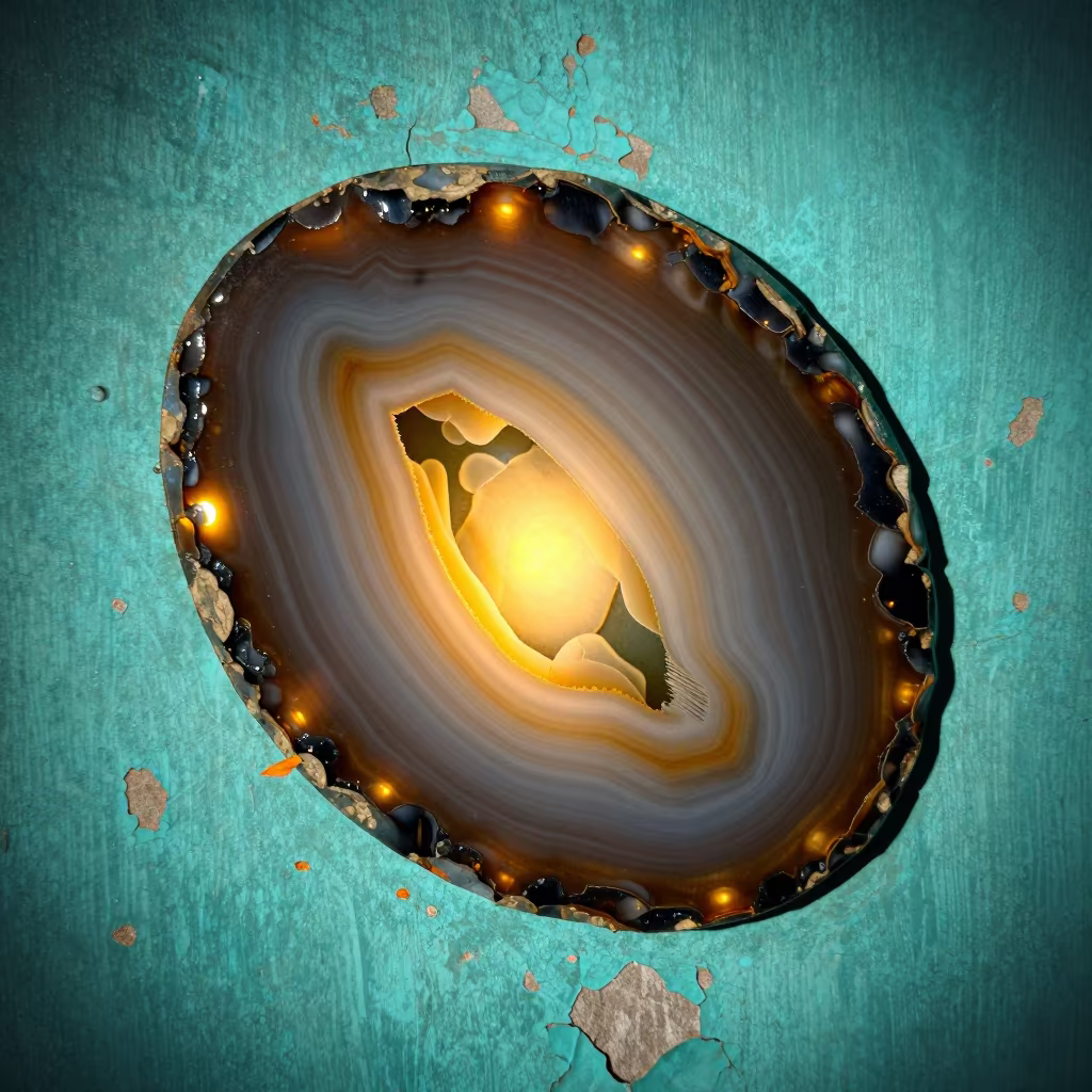 Agate Cross Section Glowing Turquoise Faisalabad in against weathered turquoise paint in Faisalabad