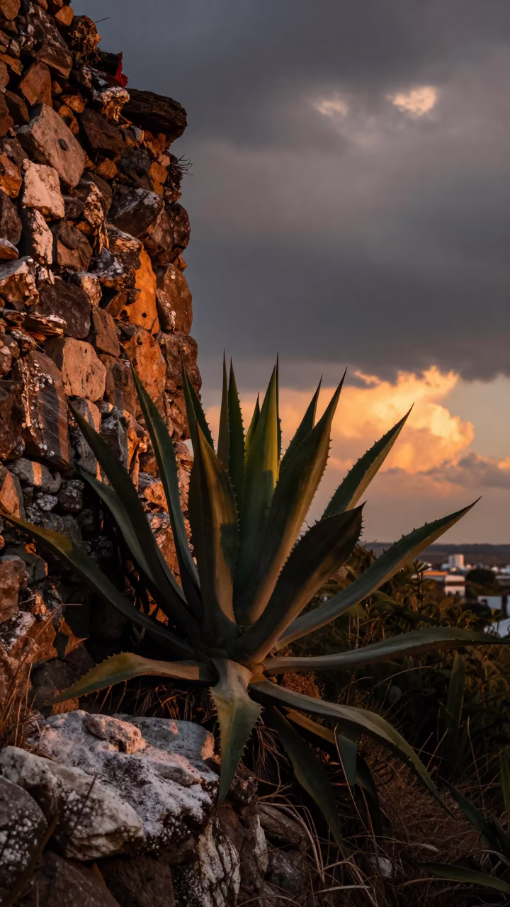 Agave Rosette Beside Stone Wall in along a salt-sprayed cliff edge near Irapuato
