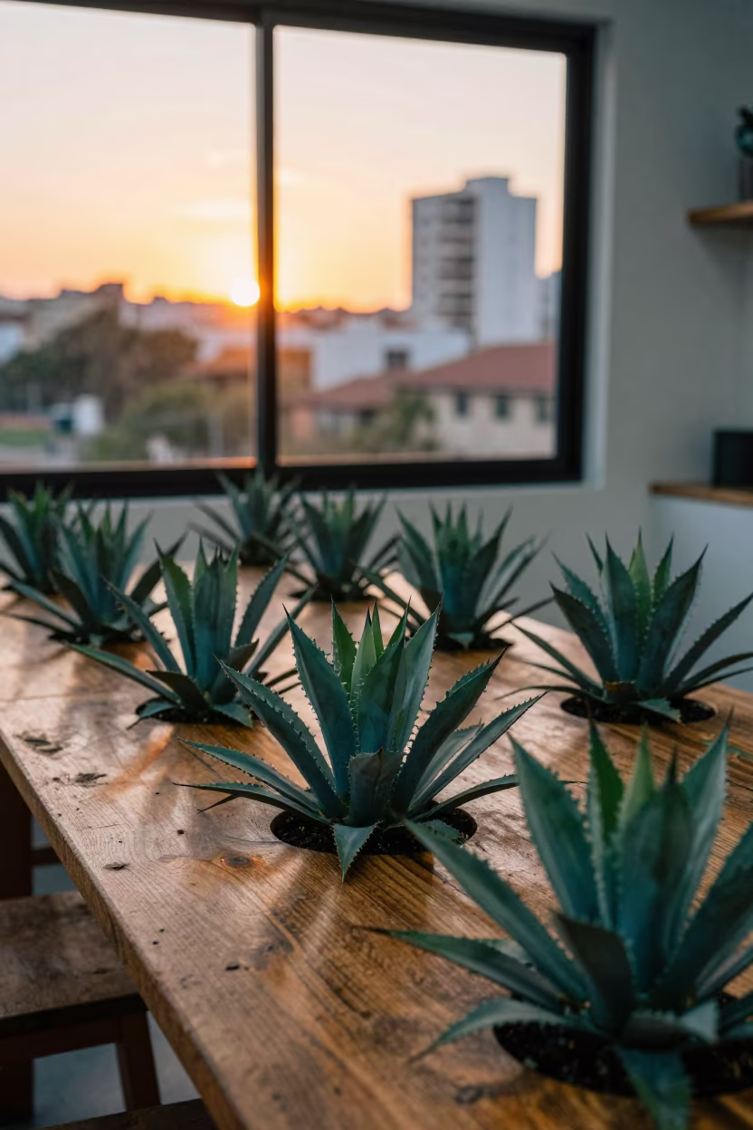 Agave Rosettes on Rustic Table in Porto Alegre in on a rustic wooden table in Porto Alegre