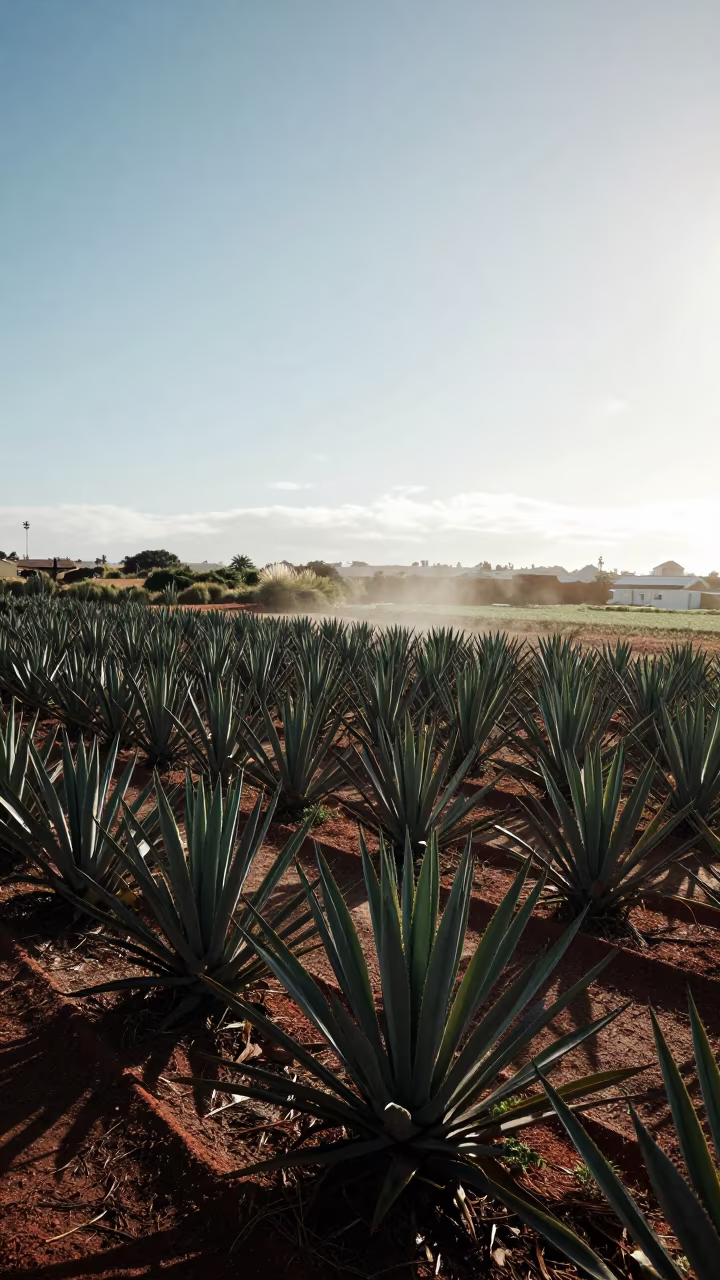 Agave rows in hard coastal glare at Preston in among terraced garden plots near Preston