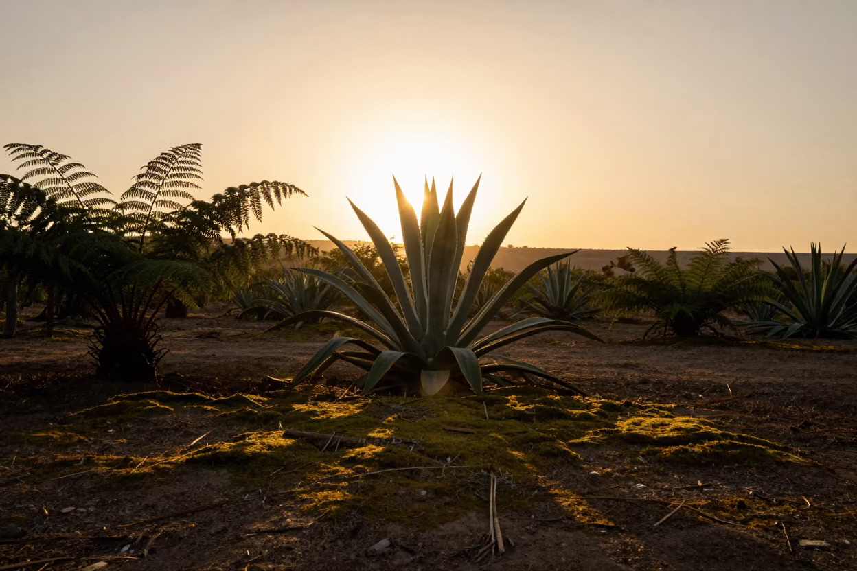Agave Silhouette Against Sunset in Oman Forest in on a fern-lined forest floor in Oman