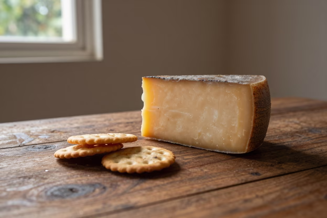 Aged Cheese and Crackers on Rustic Wood in on a rustic wooden table in Chennai