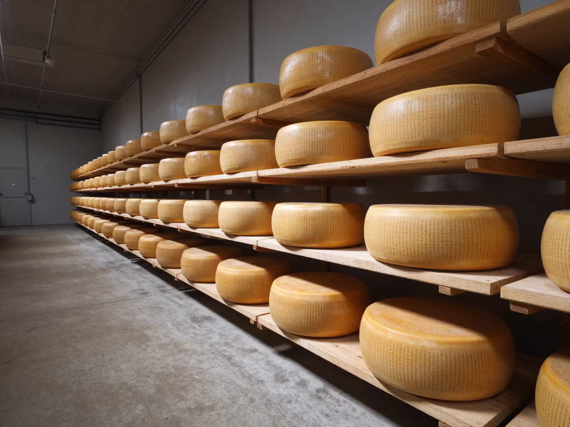 Aged Cheese Wheels on Wooden Shelves Factory Floor in on a factory floor near Perth