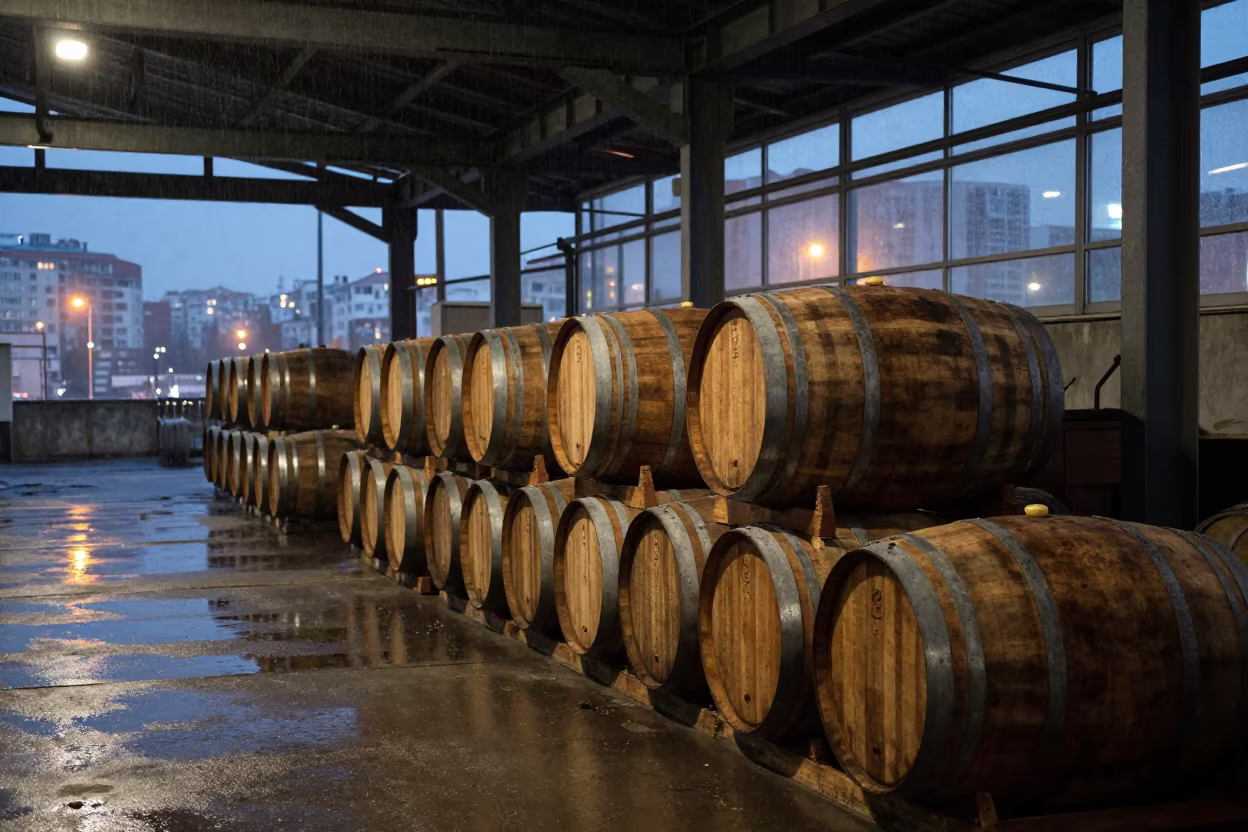 Aging Barrels in Ankara Welding Bay Dusk in in a welding bay near Ankara