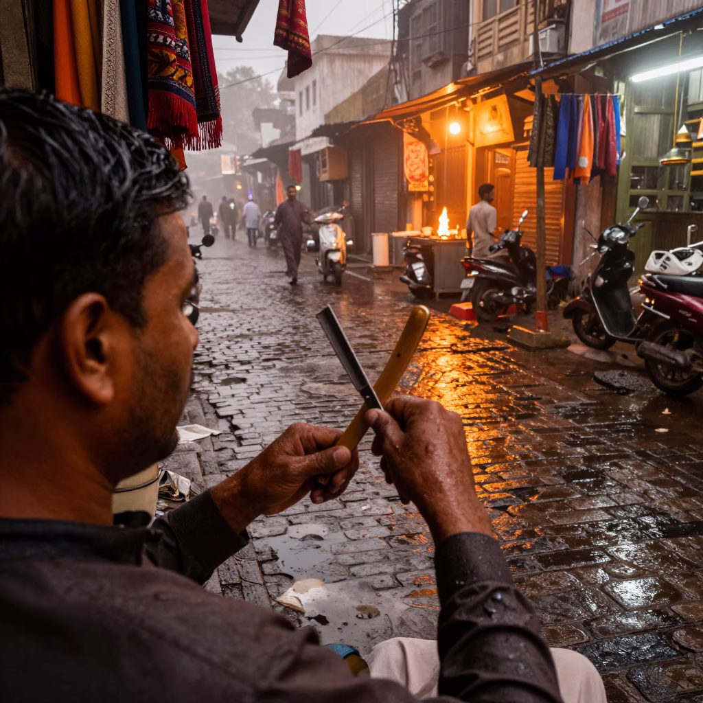 Ahmedabad Barber Straight Razor Firelight Rain in along a market lane in Ahmedabad