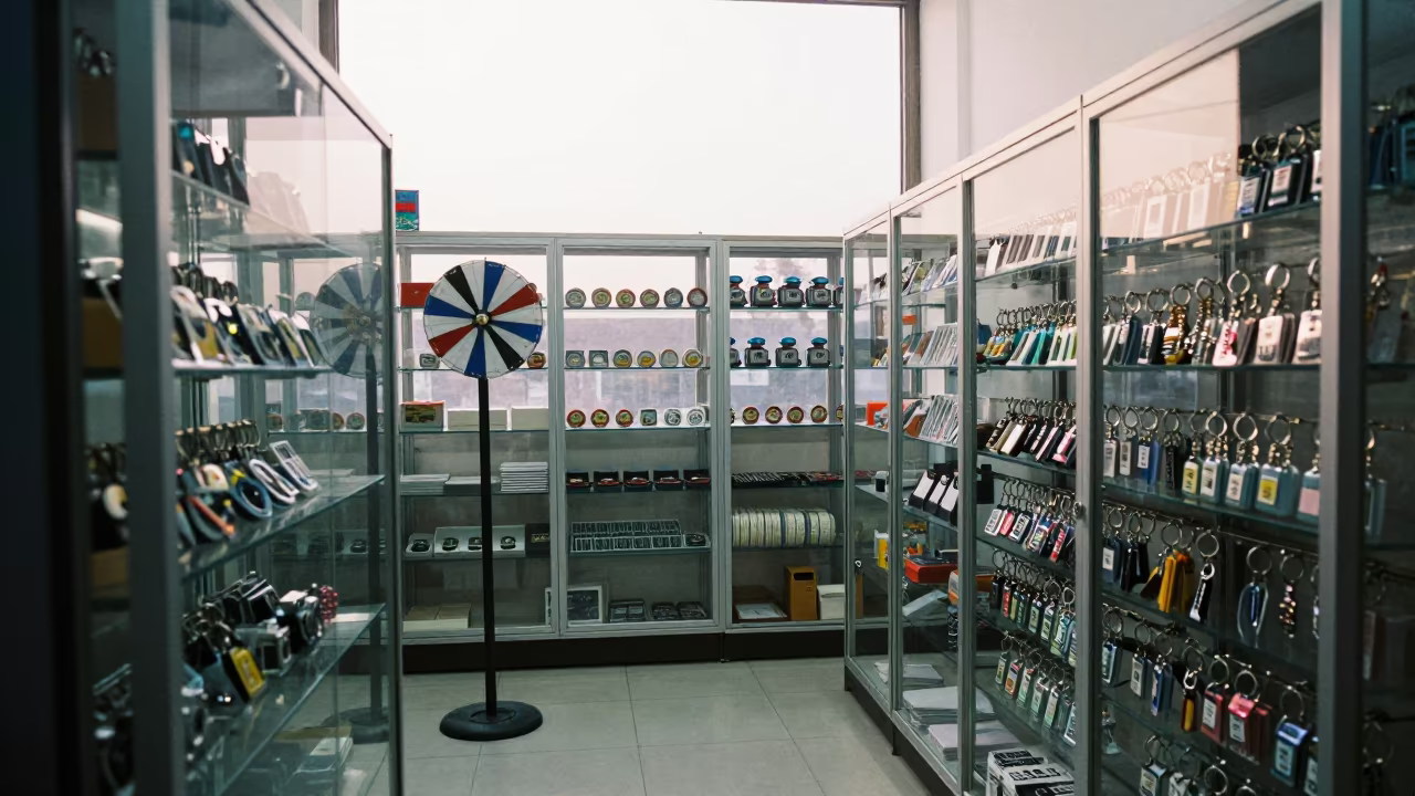 Ahmedabad Shop Spinner Keys Pins in inside a stockroom behind the sales floor in Ahmedabad