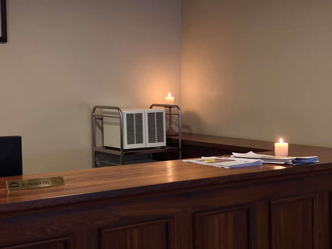 Air Filter Cart in Phnom Penh Hotel Reception in at a reception desk under warm light near Phnom Penh