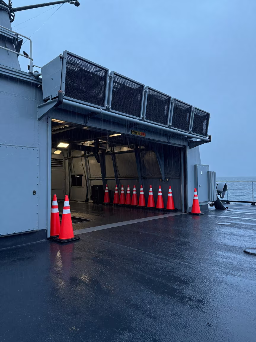 Airbase Shelter in Evening Rain on Naval Deck in on a naval deck in rough wind near Semey