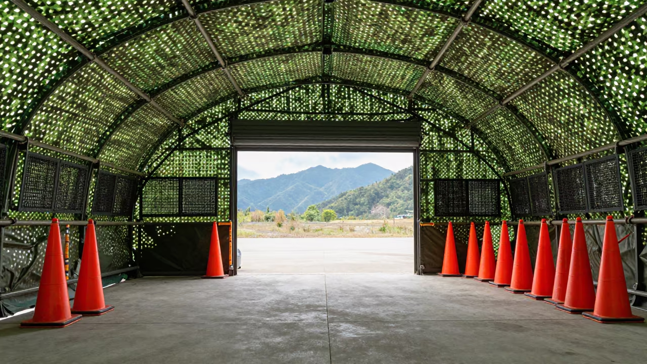 Airbase Shelter Intake Screens Under Camouflage Net in beneath a camouflage net shelter in Guizhou